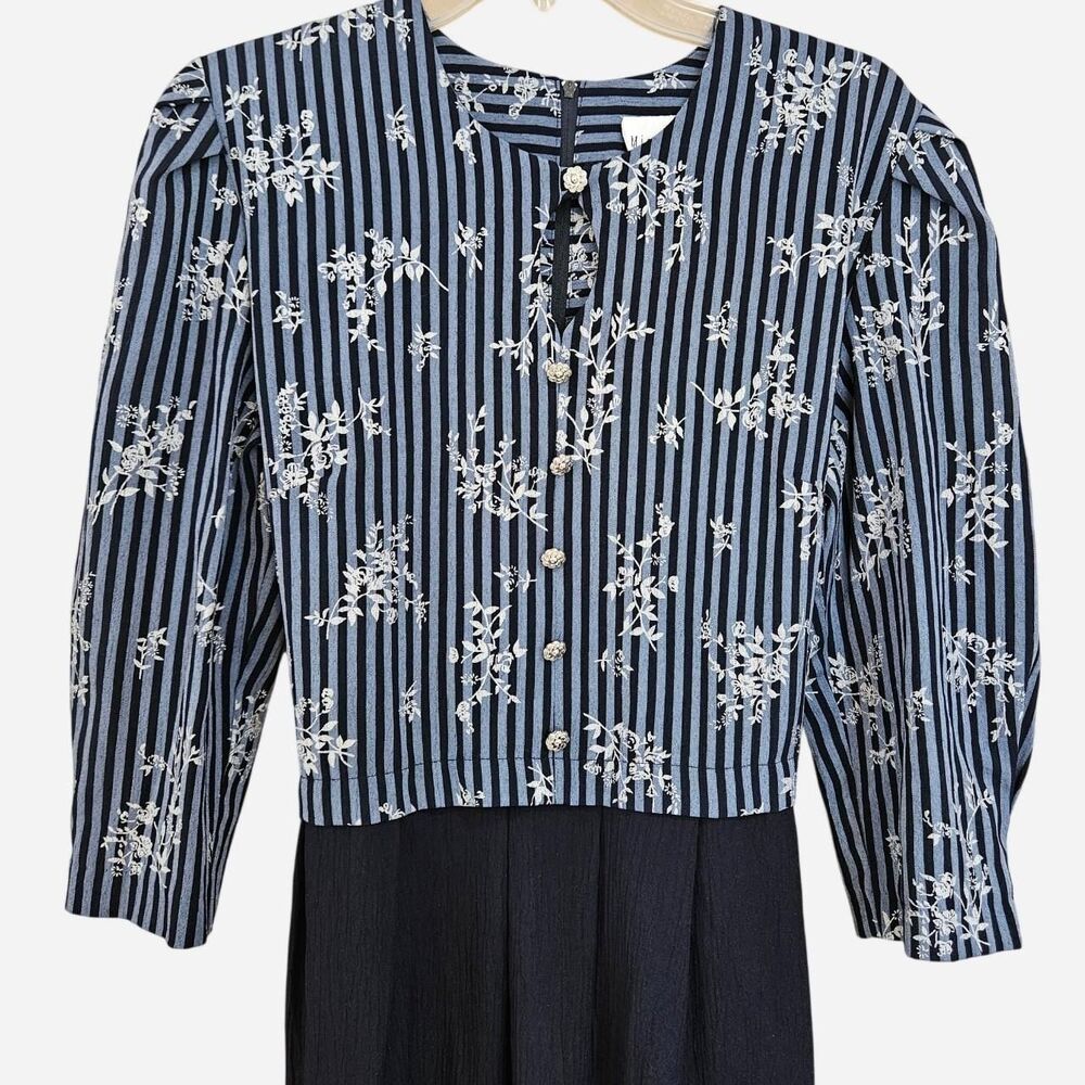 80s 90s witchy whimsigoth floral striped navy cinched keyhole midi dress